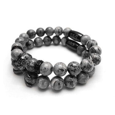 Man Bracelets - Men’s Beaded Bracelets - Black Lion & Grey Stones Set - Men’s Bracelet Bracelet Brother & Sisters